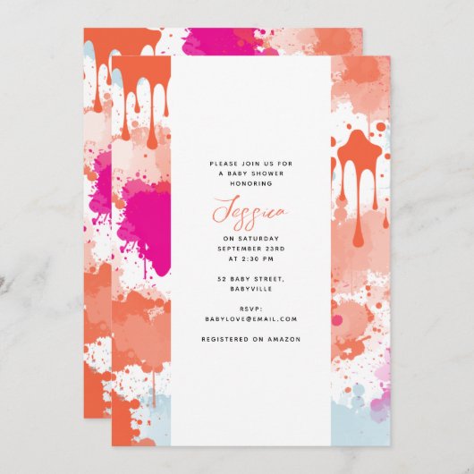 オレンジピンクブルー抽象芸術モダンベビーシャワー 招待状 (正面/裏面)
