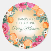 オレンジピンクボーイガールシトラスフルーツ赤ちゃんシャワー ラウンドシール (正面)