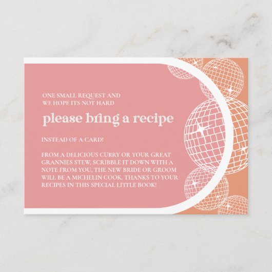オレンジピンクレトロディスコブライダルシャワーレシピカード エンクロージャーカード (正面)