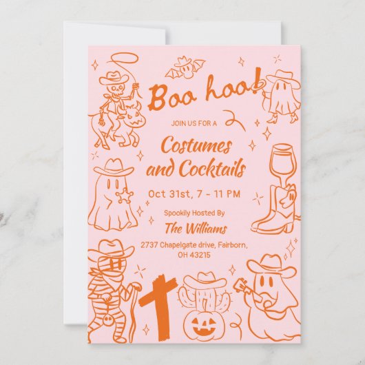 オレンジピンク予測できなの手描きカウボーイハロウィーン 招待状 (正面)