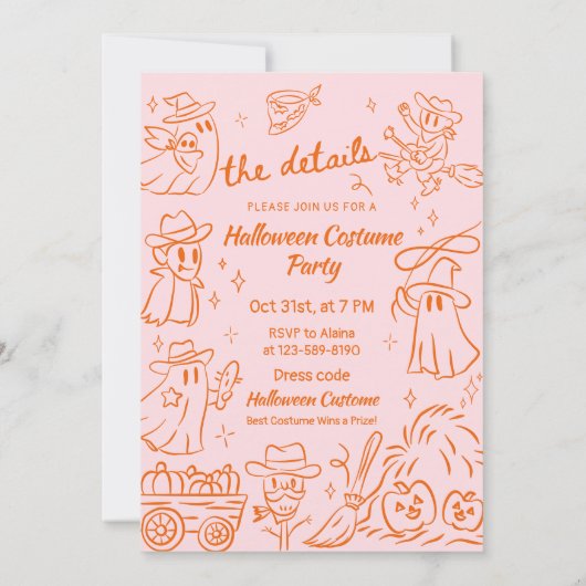 オレンジピンク予測できなの手描きカウボーイハロウィーン 招待状 (裏面)