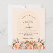 オレンジピンク桃花模様アーチ結婚式招待状 (正面)