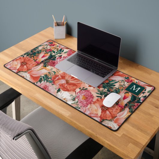 オレンジピンク花柄モノグラム デスクマット (オフィス2)