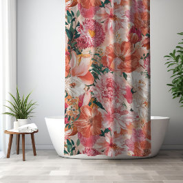 オレンジピンク花柄 シャワーカーテン