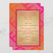 、オレンジピンク、金ゴールドのフェイクなグリッターの結婚式の招待 招待状 (正面/裏面)