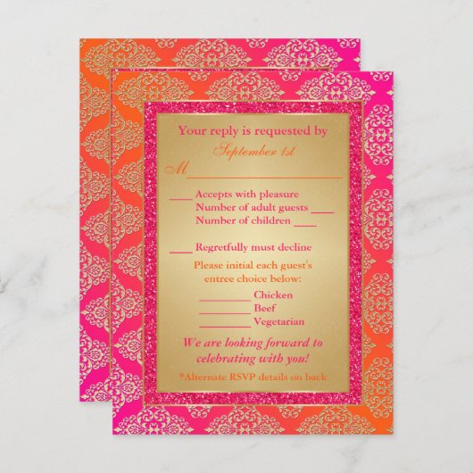 、オレンジピンク、金ゴールドのフェイクなグリッターRSVPカード 出欠カード (正面/裏面)
