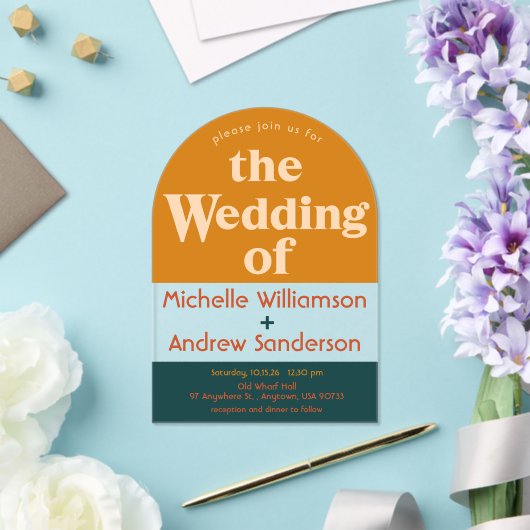 オレンジピーコックモダンレトロアーチ アクリル招待状 (インサイチュ (ウェディング))