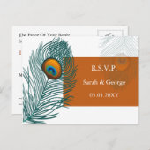 オレンジピーコック結婚式rsvp インビテーションポストカード (正面/裏面)
