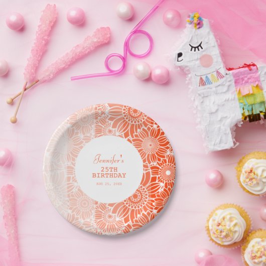 オレンジピーチストライプフローラ誕生日 ペーパープレート (パーティー)