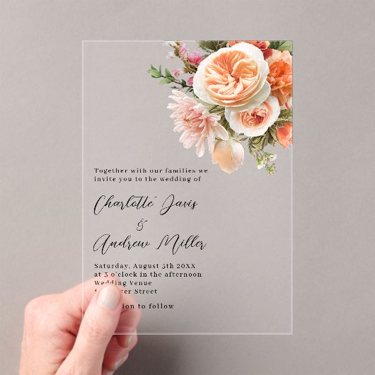 オレンジピーチピンク花模様澄ん結婚ズ アクリル招待状 (インサイチュ (ポータブル))