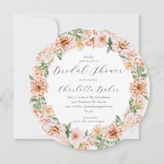 オレンジピーチフローラガーデンボタニカルブライダルシャワー 招待状 (正面)