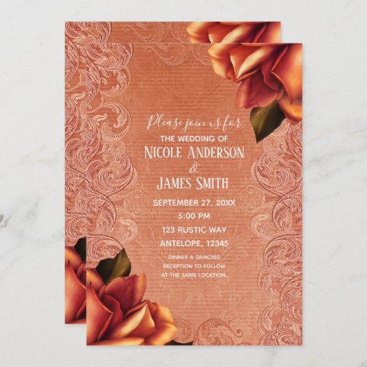 オレンジピーチヴィンテージアンティークバラエレガントウェディング 招待状 (正面/裏面)