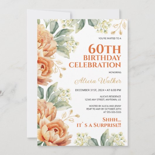 オレンジピーニーフローラ金ゴールドリーフサプライズ誕生日 招待状 (正面)