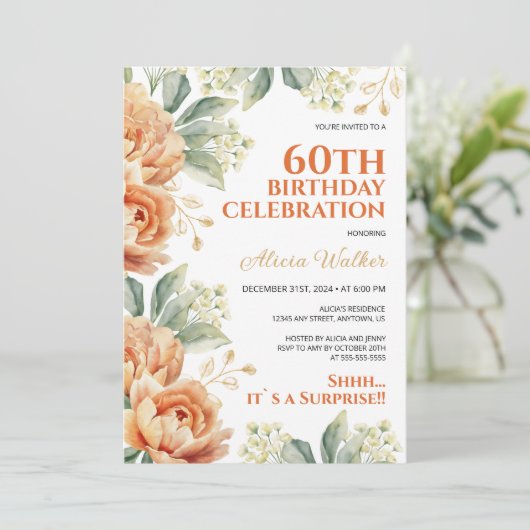 オレンジピーニーフローラ金ゴールドリーフサプライズ誕生日 招待状 (スタンド正面)