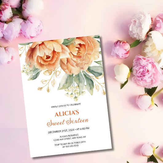 オレンジピーニー金ゴールドリーフグリーナリー16誕生日 招待状