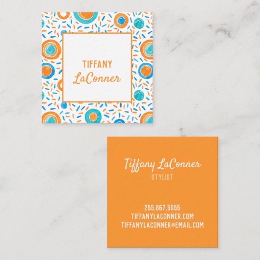オレンジファンキーとブルーのシェイプ正方形の名刺 スクエア名刺 (正面/裏面)