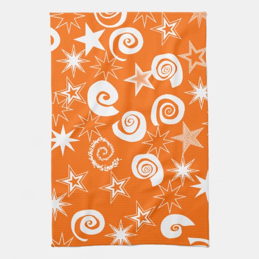 オレンジファンキー色の星と渦巻きおもしろいパターンの贈り物 キッチンタオル (縦)