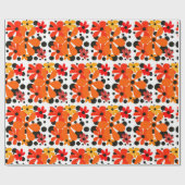 オレンジファンキー色の花と黒水玉模様 ラッピングペーパー (フラット)