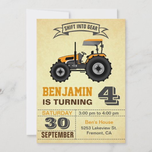 オレンジファームトラクター子供の誕生日パーティの招待状 招待状 (正面)