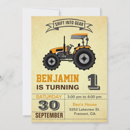 オレンジファームトラクター1st誕生日パーティの招待状 招待状 (正面)