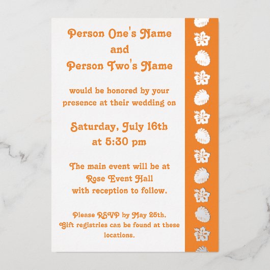 オレンジフォイルのトロピカルハイビスカス招待状 箔招待状 (正面)