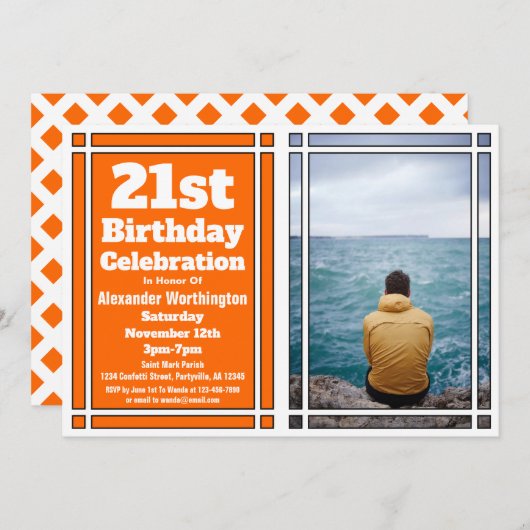 オレンジフォト21歳の誕生日パーティの招待状 招待状 (正面/裏面)