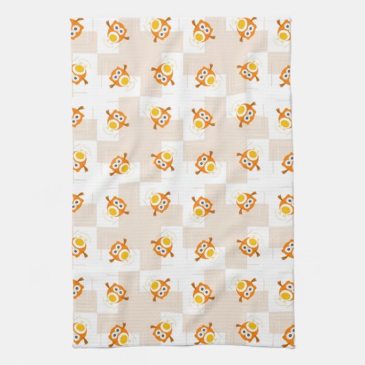 オレンジフクロウのイラストレーションパターン キッチンタオル (縦)