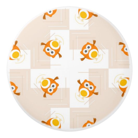 オレンジフクロウのイラストレーションパターン セラミックノブ (正面)