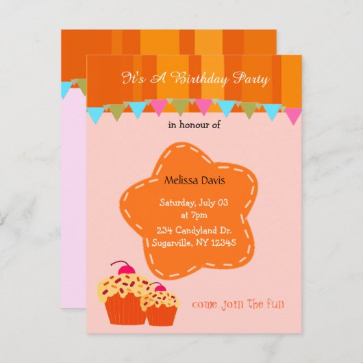 オレンジフラワーアンドカップケーキ誕生日招待状 招待状 (正面/裏面)