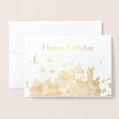 オレンジフラワーズハミングバード誕生日金ゴールド 箔カード (封筒付き正面)