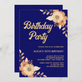 オレンジフラワーボタニカル金ゴールドネイビーブルー誕生日 招待状 (正面/裏面)