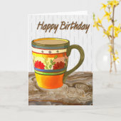 オレンジフラワーマグオンストーンテーブルハッピーバースデー カード (黄色い花)