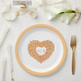 オレンジフラワー結婚のチューリップハートブーケモノグラム ペーパープレート