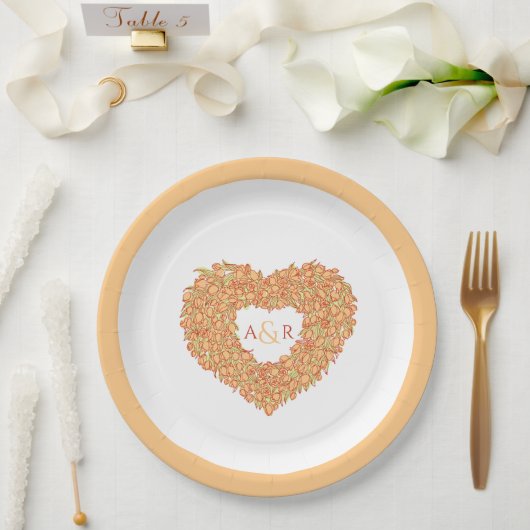 オレンジフラワー結婚のチューリップハートブーケモノグラム ペーパープレート (ウェディング)