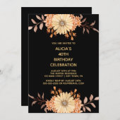 オレンジフラワー金ゴールドタイポグラフィブラック誕生日 招待状 (正面/裏面)