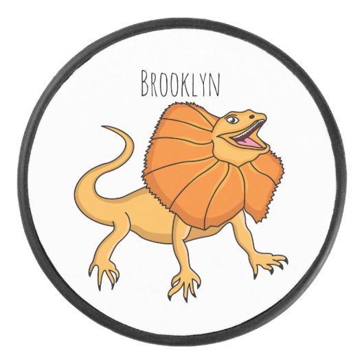 オレンジフリルネックトカゲ漫画イラストレーション アイスホッケーパック (正面)