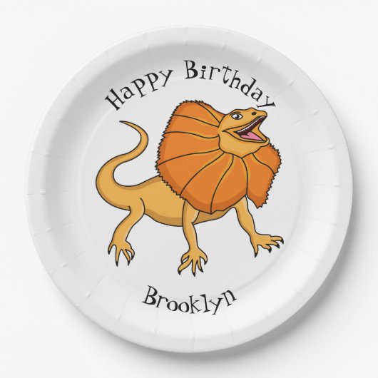 オレンジフリルネックトカゲ漫画イラストレーション ペーパープレート (正面)