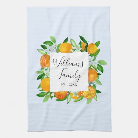 オレンジフルーツと花夏フローラ植物学 キッチンタオル (縦)