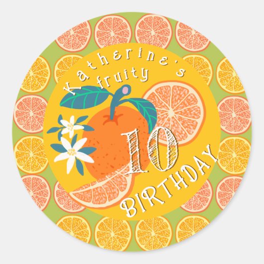 オレンジフルーティ誕生日グリーン ラウンドシール (正面)