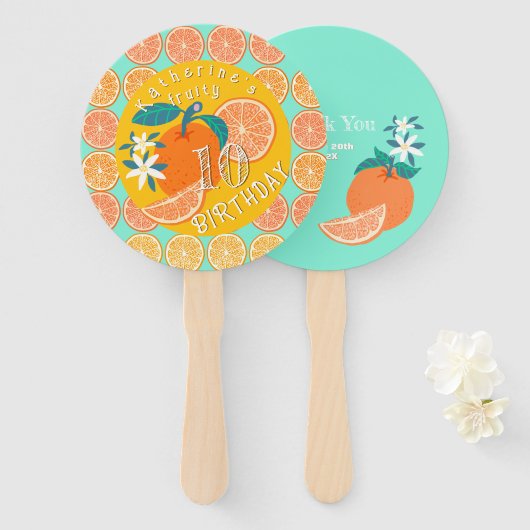 オレンジフルーティ誕生日ティール(緑がかった色) ハンドファン (正面&裏面)