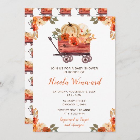 オレンジフローラカボチャートラック赤ちゃんシャワー 招待状 (正面/裏面)