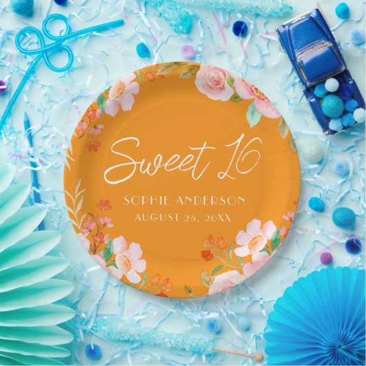 オレンジフローラスウィート16バースデーパーティープレート ペーパープレート (パーティー)