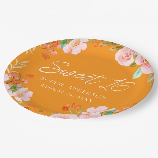 オレンジフローラスウィート16バースデーパーティープレート ペーパープレート (アングル)