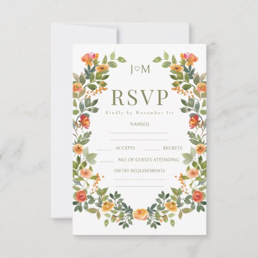 オレンジフローラリース素朴な結婚式RSVPカード 出欠カード (正面)