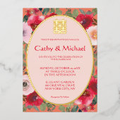 オレンジフローラリース赤中国の結婚花 箔招待状 (正面)