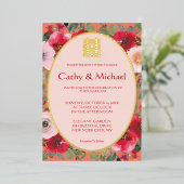 オレンジフローラリース赤中国の結婚花 箔招待状 (立ち正面)