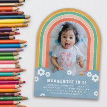 オレンジフローラレインボーキッド誕生日招待状