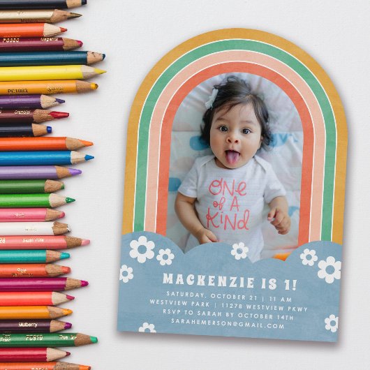 オレンジフローラレインボーキッド誕生日招待状 招待状