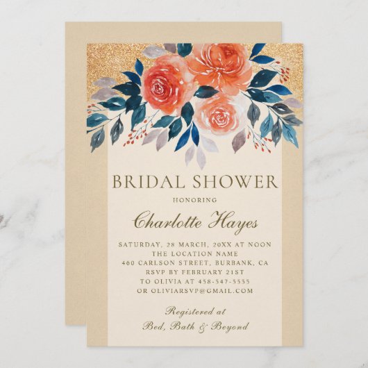 オレンジフローラ水カラーエレガントブライダルシャワー 招待状 (正面/裏面)