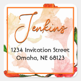 オレンジフローラ水彩正方形ステッカー スクエアシール